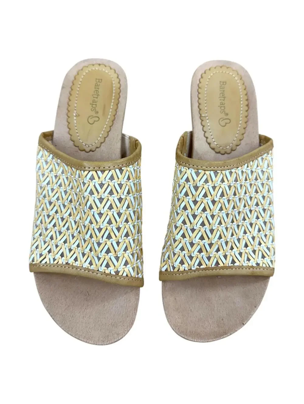 Baretraps Tan & White Woven Cork Wedge Slides